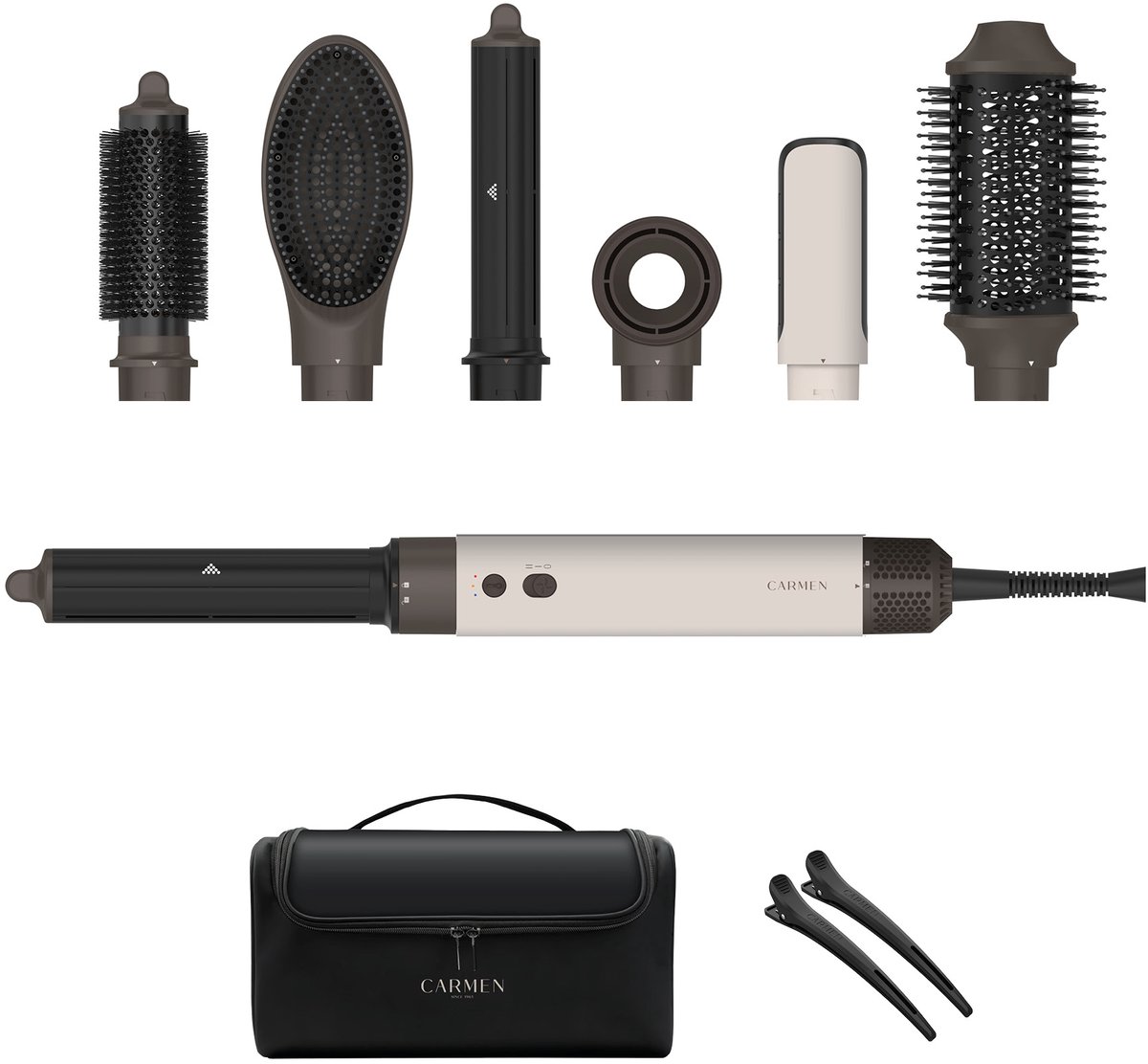 Carmen CAS1470C - Airstyler - Multistyler - Föhnborstel & krulborstel - Krultang 7 in 1 - Hairwrap - Haarstyler - 110.000 rpm motor - Coanda effect - Beige