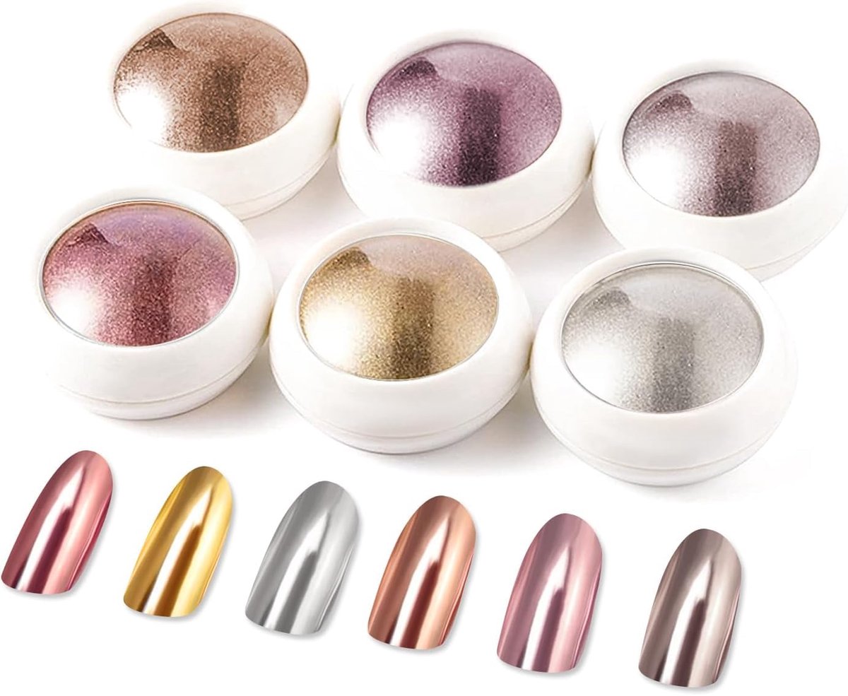 OLOEY 6-delige set metallic goudkleurig chroompoeder-holografisch spiegelend glittergoudkleurig chroompigment voor nail art-zilver-koper-roségoudkleurig chroompoeder-geschikt voor nagelkunst-doe-het-zelf decoraties en cadeaus.