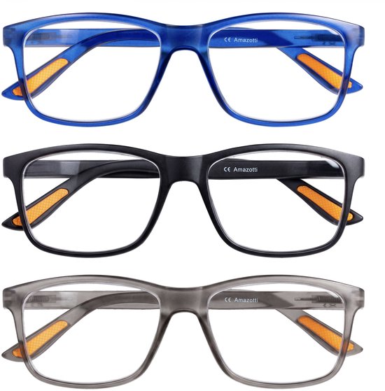 Amazotti Amalfi Leesbril +2.25 – Set van 3 Premium Milano Leesbrillen - Veerscharnieren & Comfort Pads – Lichtgewicht & Grote lenzen – Italiaans Design – Dames & Heren – Univserele pasvorm - Blauw Grijs Zwart