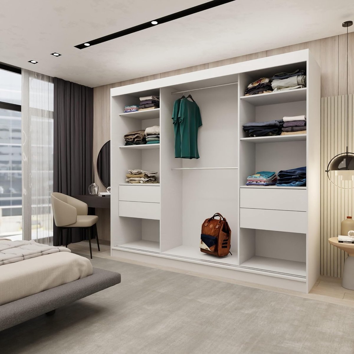 Kledingkast met Spiegel 240 x 61 x 216 cm Wit 3-Deurs Schuifdeurkast met Laden Planken en Kledingstangen Moderne Garderobekast Urbanhome