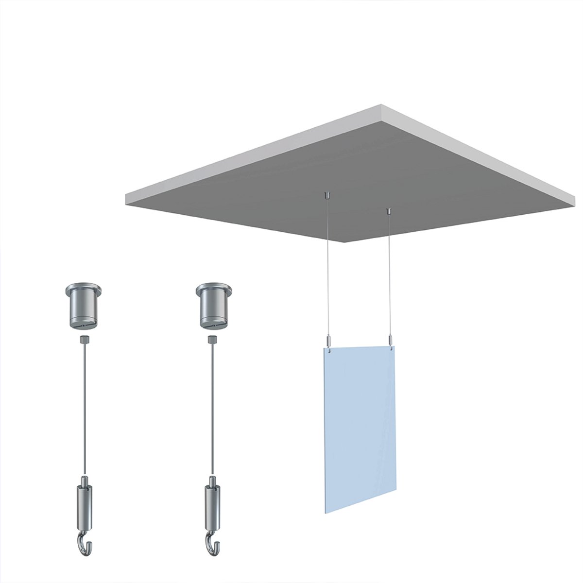 Artiteq Ophangset Stenen/Stalen Plafond - Complete Set met 2 Plafondclips, 2 Staaldraad (1,2 mm x 300 cm) & 2 Zelfklemmende Haken - Ideaal voor bewegwijzering, routeaanduiding en lichte panelen