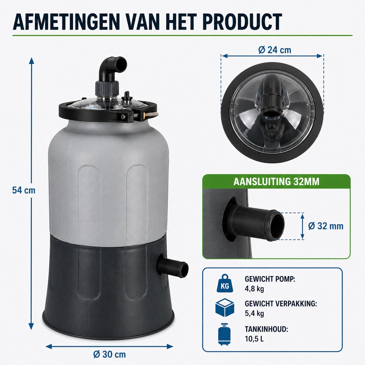 COIL Zandfilterpomp 3800 l/u (40W ECO) – Inclusief Aqualoon filterballen 256g – Stil 55 dB – Voor zwembaden tot 15 m³ – 32 mm aansluiting – foto 2