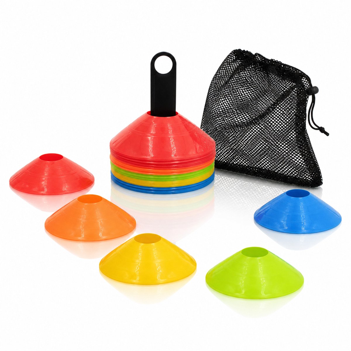 Voetbal Trainingshoedjes Set 50 Stuks Pionnen – Markeerhoedjes Ø19 cm in 5 Kleuren incl. Net – Trainingskegels voor Voetbal, Agility & Sport hoedjes