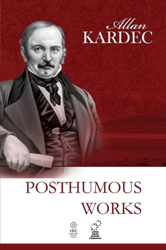 Portrait d'Allan Kardec dans "Posthumous Works", avec un motif rouge en arrière-plan.