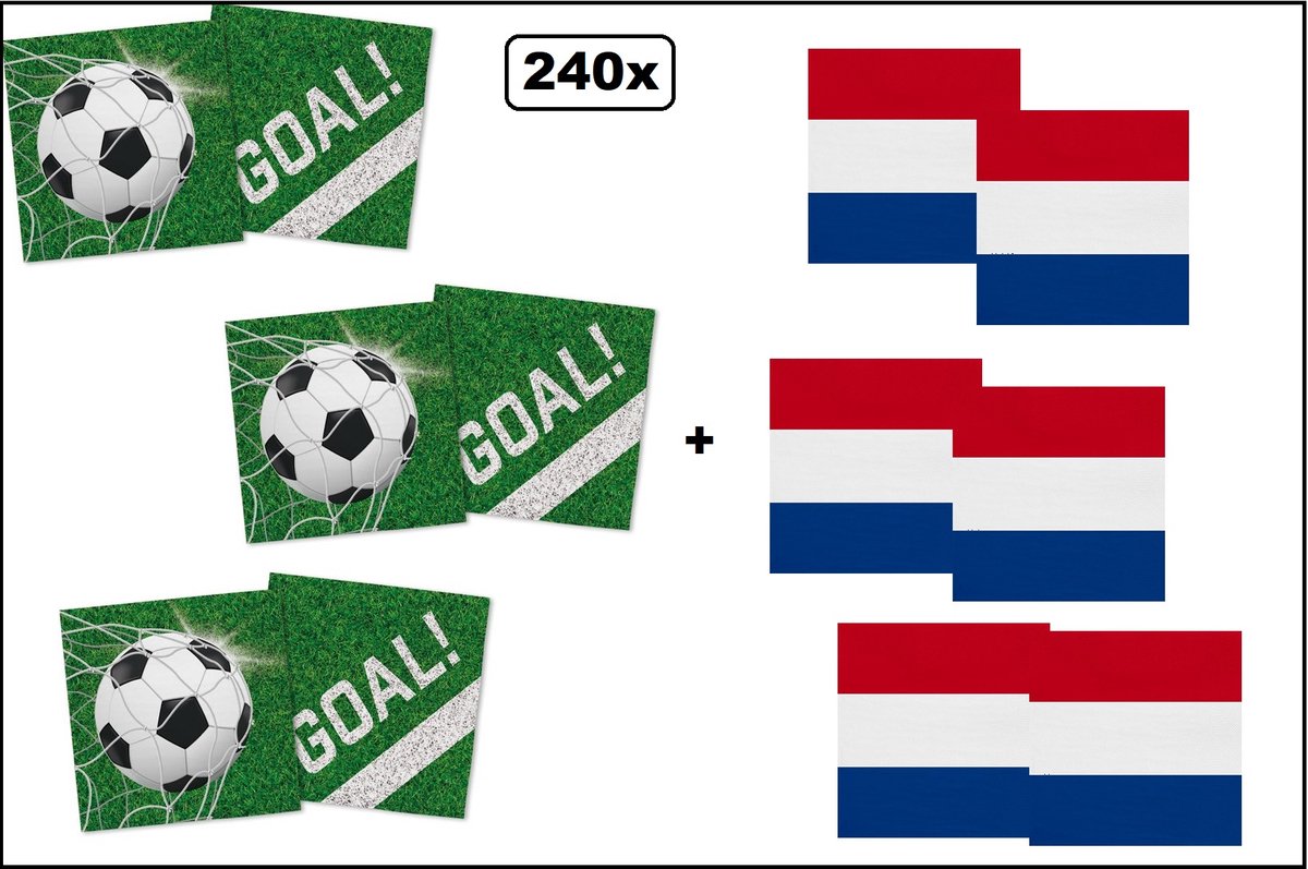 120x Servetten Voetbal 33cm x 33cm + 120x Servetten Nederland 33cm x 33cm - 3 laags - MIX - WK Servet diner eten knoeien restaurant BBQ thema feest verjaardag feest