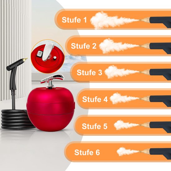 Stoomreiniger in de vorm van een rode appel met 6 stoomniveaus "Stufe 1" tot "Stufe 6".