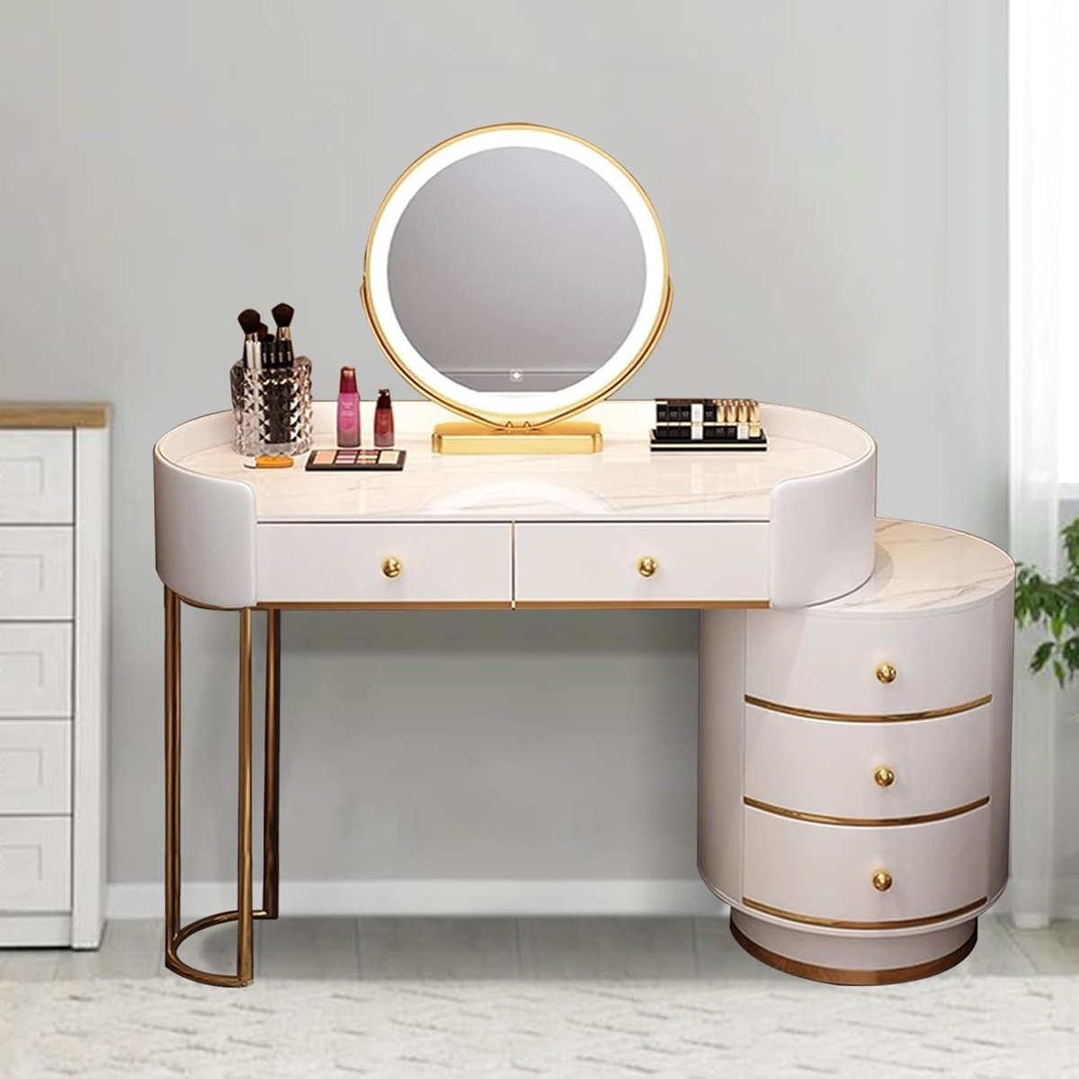Luxe Verstelbare Kaptafel met LED Spiegel, 3 Lichtkleuren, 5 Lades, 80 cm Breedte, Afmetingen 40 x 80 x 76 cm, Marmerlook Blad, Goud Metalen Poten, Inclusief Comfortabele Kruk