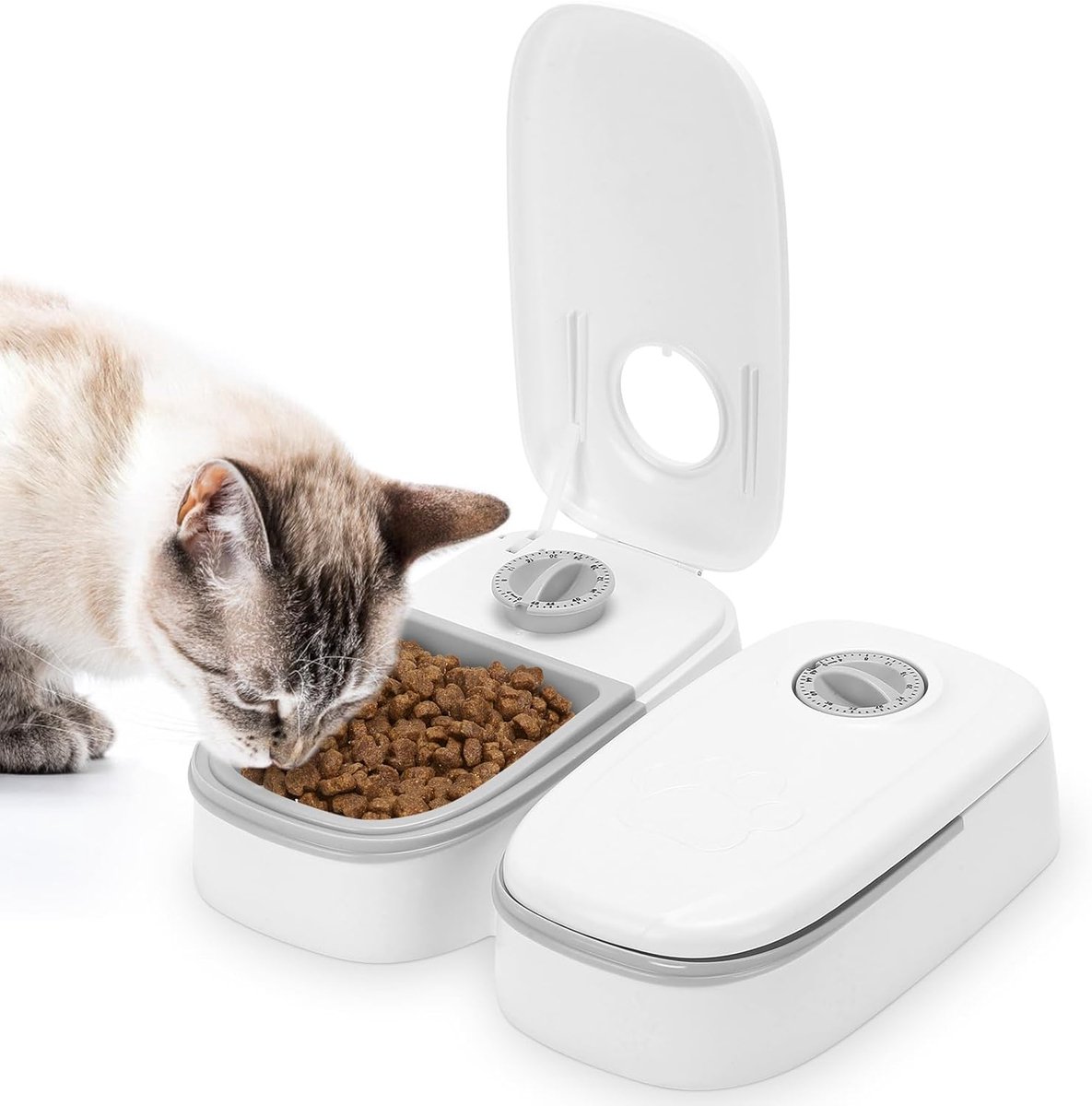 Voerbak kat automatisch- voerdispenser kat-2-delige automatische voerdispenser voor natvoer - 48-uurs timer, 700 ml kattenvoerdispenser - Automatische voerautomaat voor nat en droogvoer - Grijs - 28.5x24.5x7.5cm