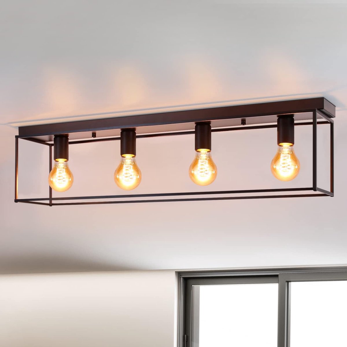 Glitzerlife - Plafondlamp - Industriële Plafondverlichting Vintage - 4xE27 Fitting - Zwart Metalen Vierkant Frame - Keukenlamp Woonkamer Lamp - Hal Lamp Slaapkamer Lamp - Warm Licht - 80 cm - Zwart