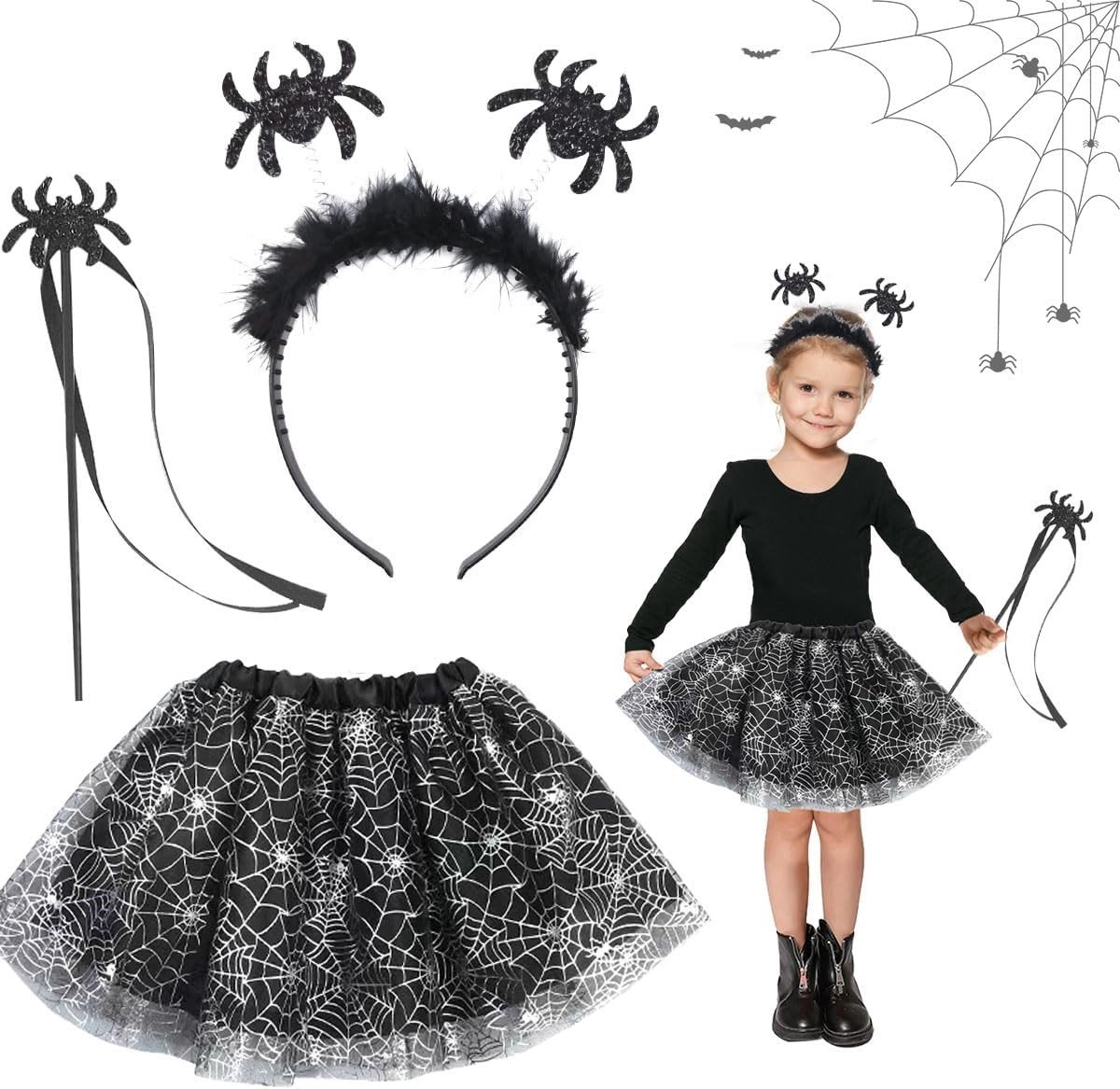 Griezelige Tovenaar Kostuum voor Meisjes, Halloween Tutu Rok, Toverstok en Haarband Set, Perfect voor Feestjes en Carnavals