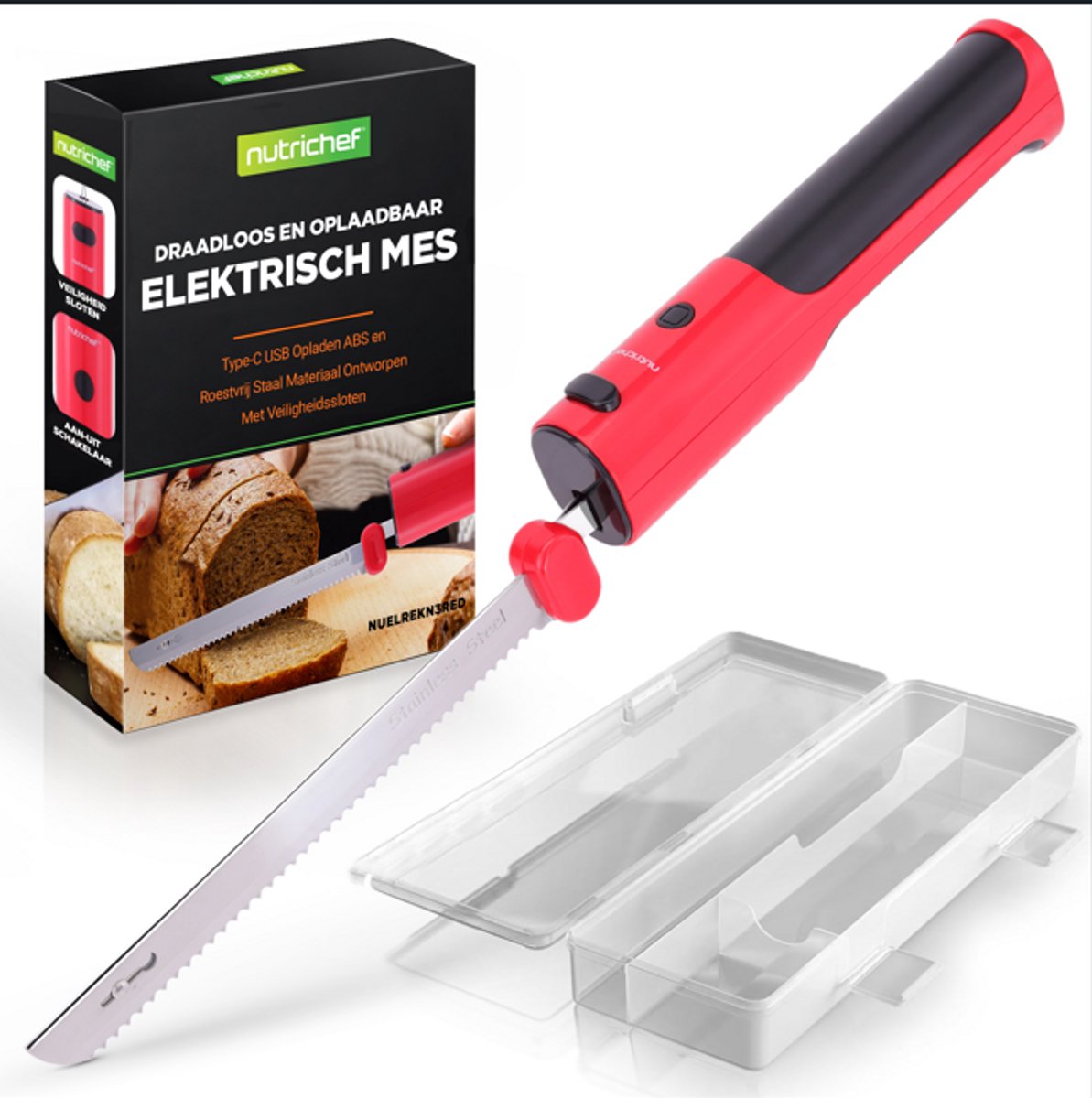 NutriChef Elektrische Mes - In/uit Veiligheidsfunctie -Lichtgewicht met Geprofileerd Handvat - Rood
