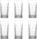 Six grands verres transparents avec un motif en diamant et des lignes verticales.