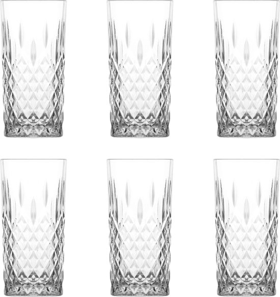 Six grands verres transparents avec un motif en diamant et des lignes verticales.
