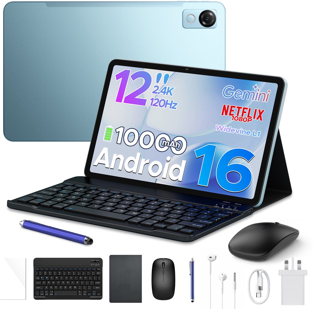 POCKAM P12-tablet - 12 inch 2K 120 Hz IPS - Android 16 - 48 GB RAM (8+40 GB) - 128 GB ROM - 10000 mAh /18 W - Octa-Core T7280 - Dubbele camera - WiFi 5 - Bluetooth - Face ID - Toetsenbord - Stylus meegeleverd