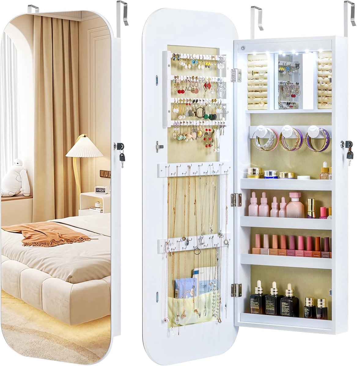 Sieradenkast met Spiegel Wandkast - Ruimtebesparend & Overzichtelijk - LED Verlichting & Afsluitbaar Design - Hangend of Wandmontage - Sieraden Organizer Spiegelkast Juwelenkast