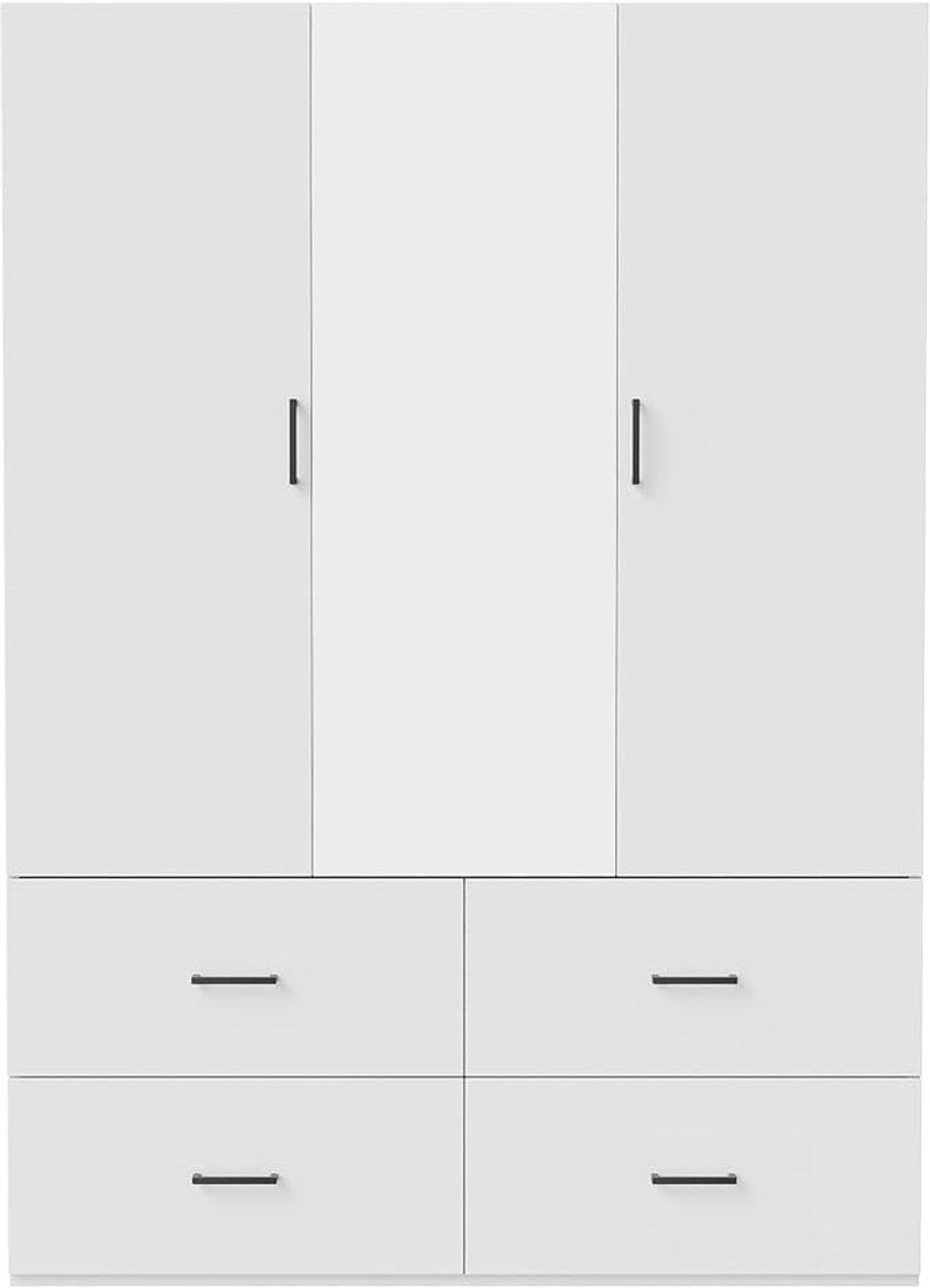 Wardrobe with Mirror and Drawers 130x50x180 cm – Modern Bedroom Cabinet with 4 Drawers, Hanging Rail & Double Door Storage Closet – Freestanding Multi-Storage Organizer for Clothes