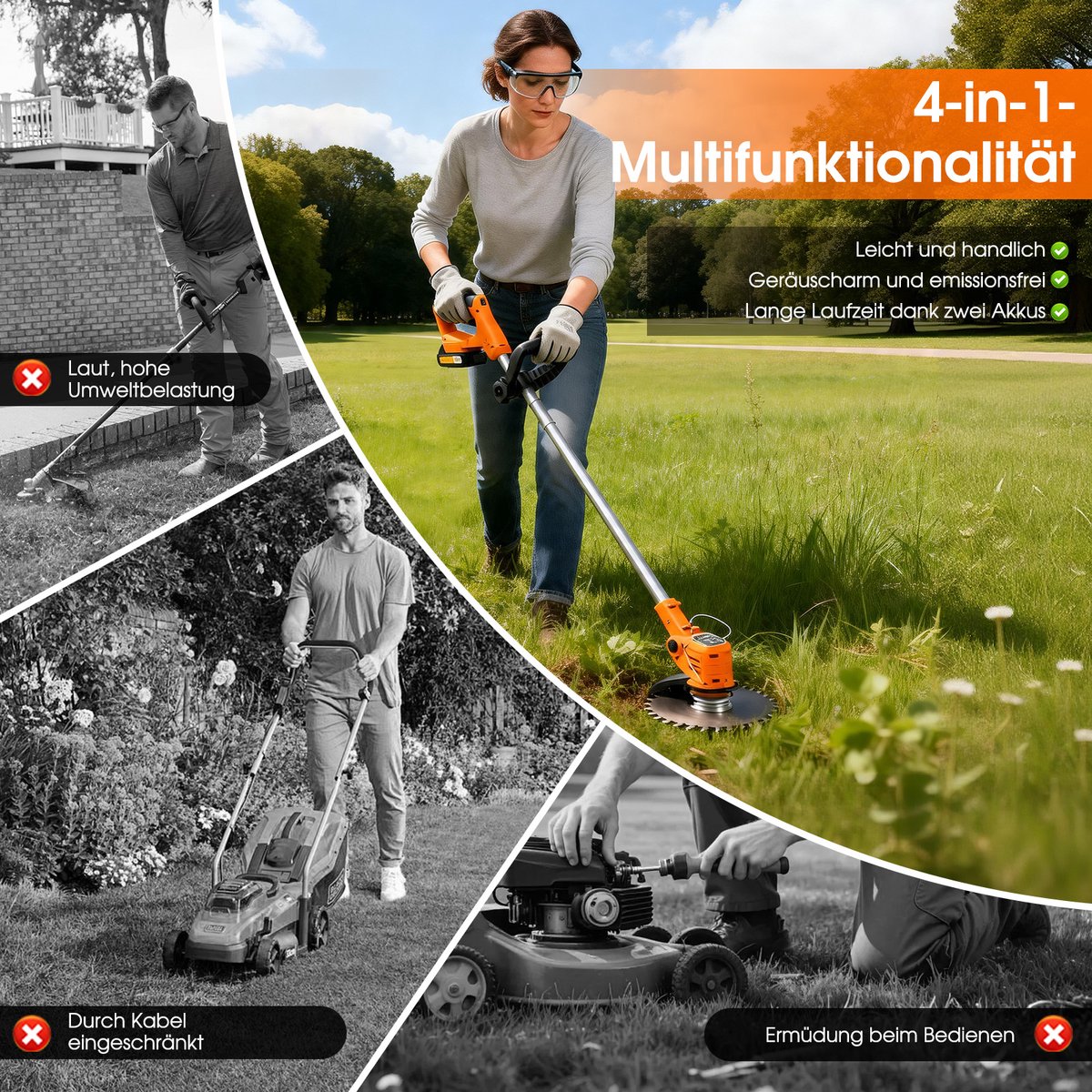 Accu grastrimmer met accu, gazonkantentrimmer met 2 accu's 21V en 4 mestypen + 1 tuinschaar, opvouwbare grasmaaier-Oranje – foto 6