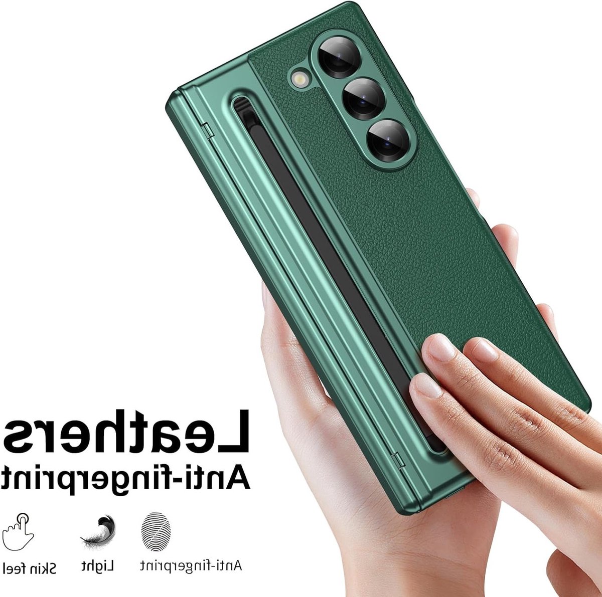 Leren Hoes voor Galaxy Z Fold 5 met S Pen Houder en Gehard Glas Screen Protector - Hinge Bescherming in Groen