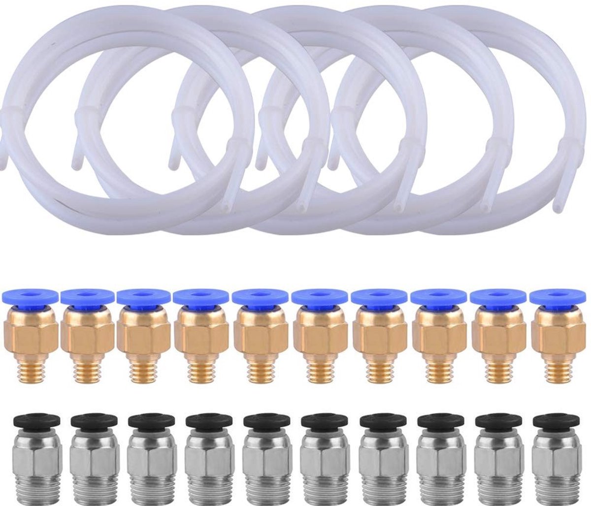 5 Stuks PTFE Teflon Buizen (1m) met 10 Stuks PC4-M6 Snelle Koppeling en 10 Stuks PC4-M10 Pneumatische Koppeling voor 3D Printers en 1.75mm Filament Verbindingen