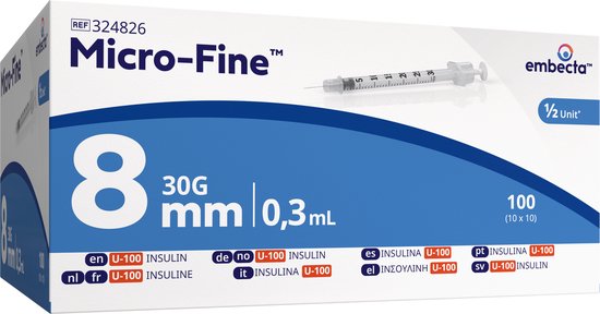 Doos met 100 BD Micro-Fine spuiten, 0,3ml, 30G, 8mm, voor U-100 insuline.