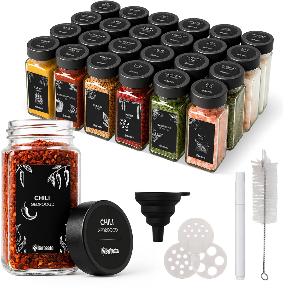 CLP Kruidenpotjes Vierkant - 24 stuks - 120 ml - Met etiketten - RVS Deksel - zwart