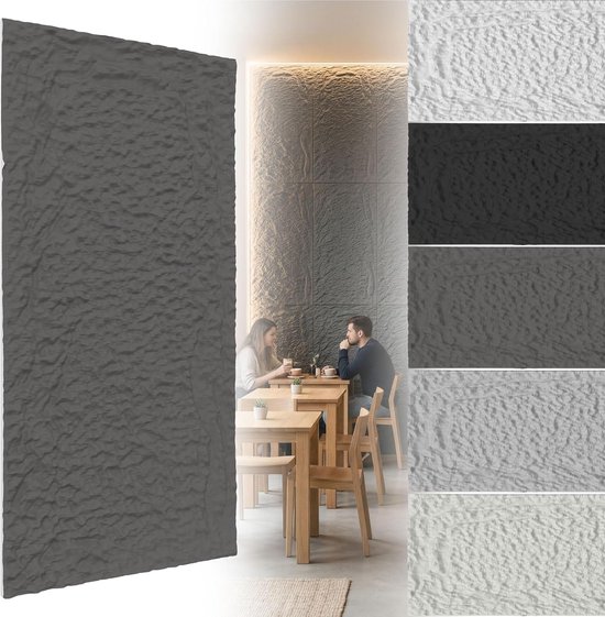 Grijze wandpanelen met steenlook textuur, getoond in een café-setting.