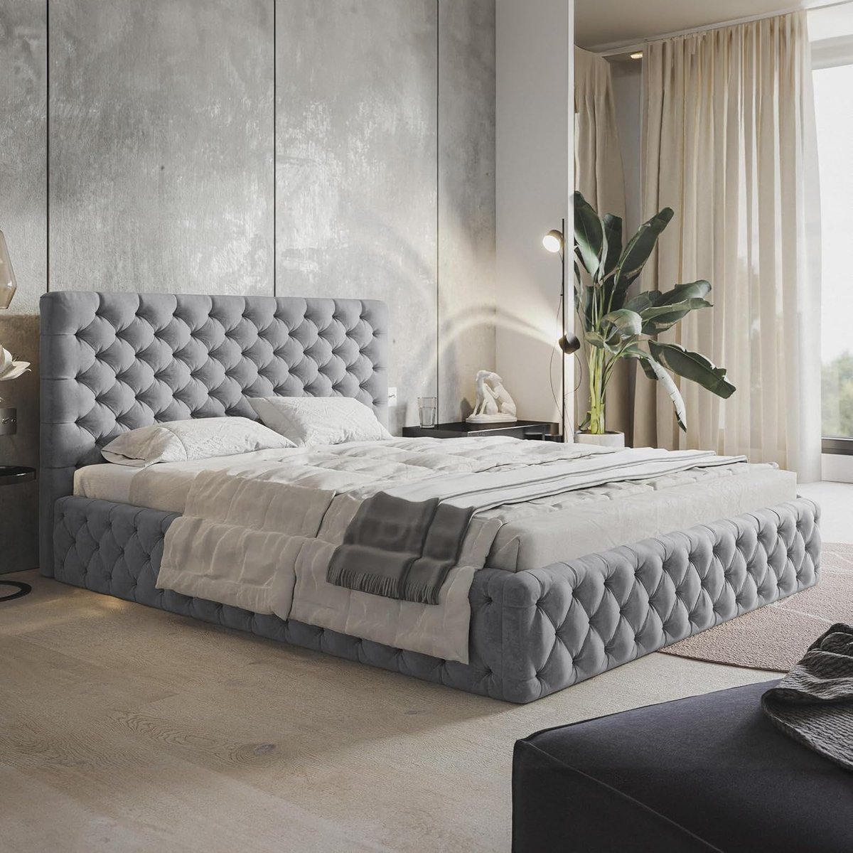 Boxspring Bed 180x200 met Opbergruimte en Hoofdbord – Luxe Chesterfield Tweepersoons Bed met Lattenbodem, Suède Bekleding, Lichtgrijs (Zonder Matras) – Laura