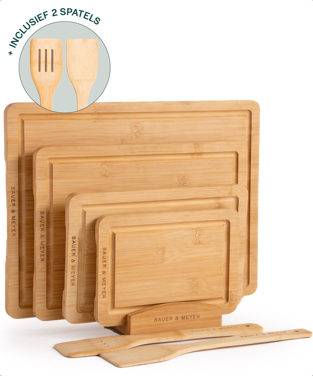 BAUER & MEYER® Snijplankenset met houder - Snijplank hout - 7-delig - Incl. 2 Spatels + 4 snijplanken met houder - Serveerplank - Borrelplank - Bamboe