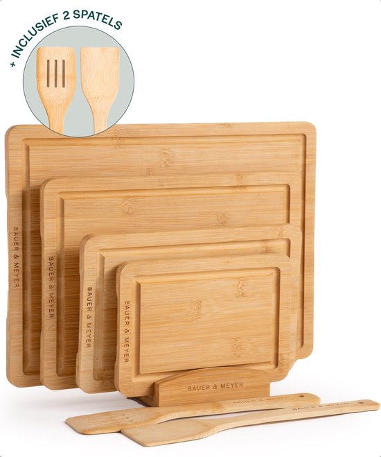 BAUER & MEYER® Snijplankenset met houder - Snijplank hout - 7-delig - Incl. 2 Spatels + 4 snijplanken met houder - Serveerplank - Borrelplank - Bamboe