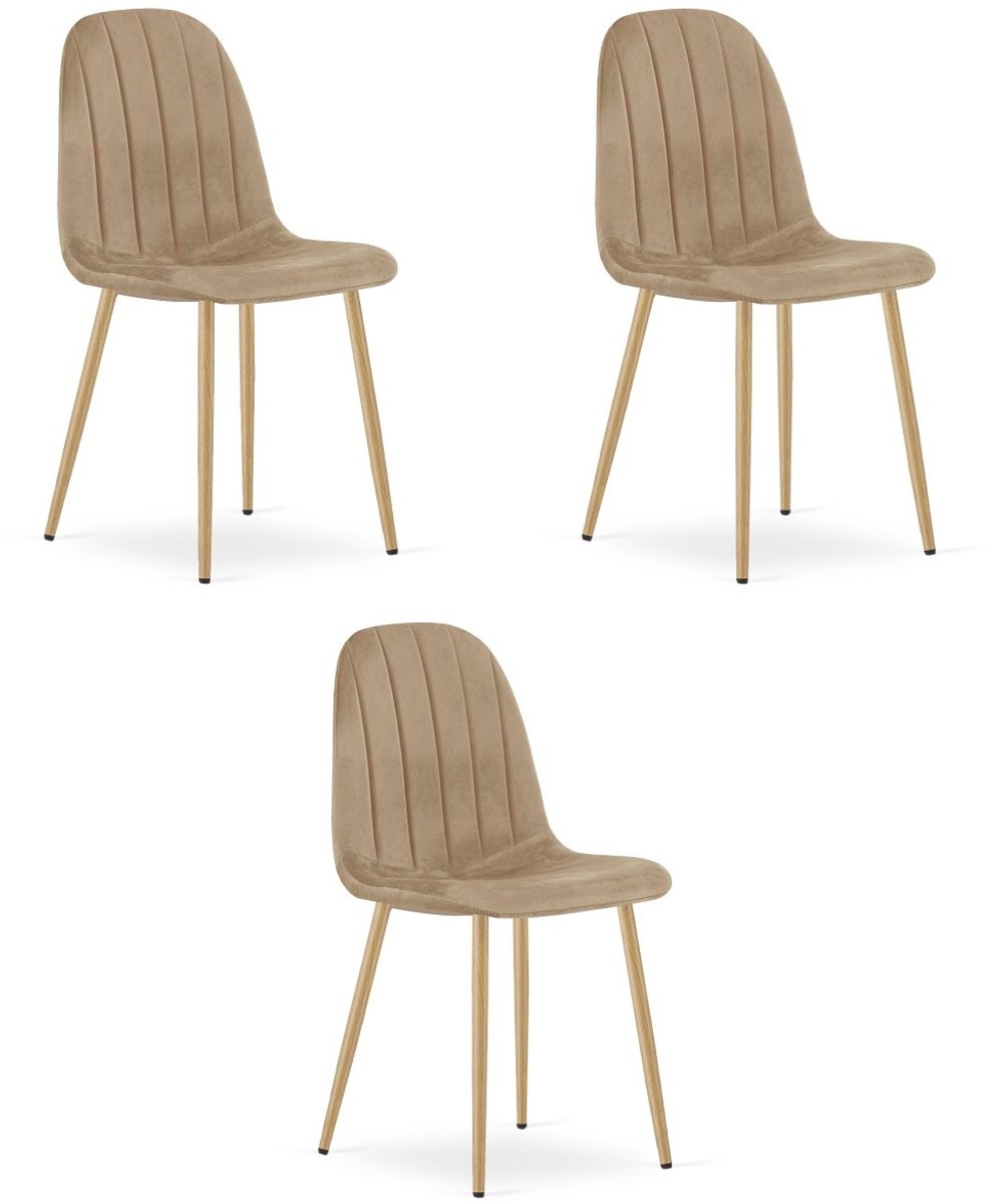 Set van 3 eetkamerstoelen PADVA - Fluweel bruin – Houten look poten (eiken) – Modern design