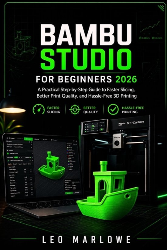 Boekomslag: "Bambu Studio voor Beginners 2026" met laptop en 3D-printer in neon groen.