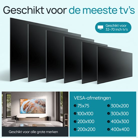 Meisterhome TV Muurbeugel 32 t/m 70 Inch – Draaibaar & Kantelbaar – Universele TV Beugel – VESA 400x400 – Uitschuifbaar – Max. 45 kg – Zwart