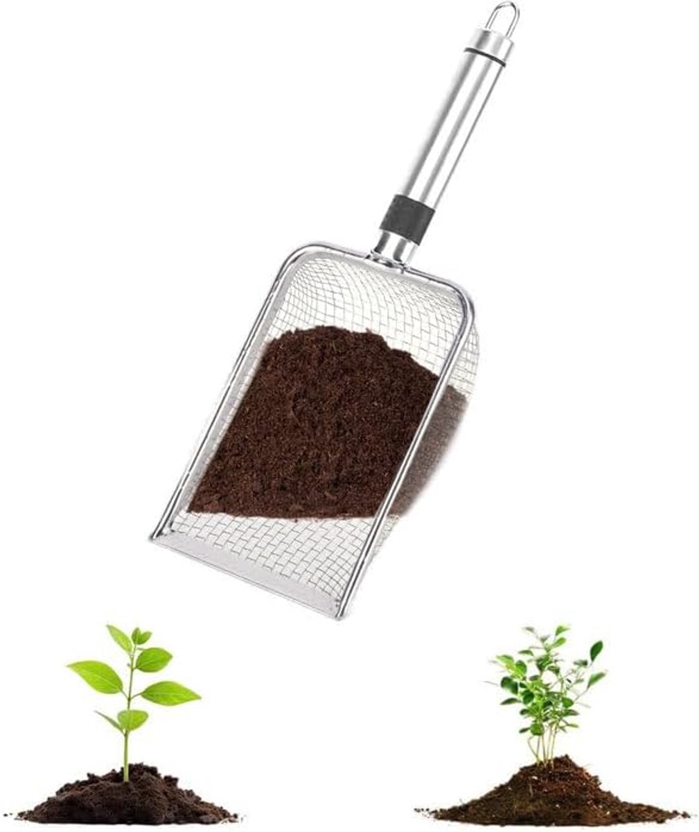 Tuinzeef met handvat - Grondzeef van roestvrij staal - aardezeef - Verschillende tuinzeven - Grove en fijne bodemzeef - Compostzeef - Zeefschep voor tuinen - voor aarde, stenen, compost, onkruid, zand, grind en zaaigoed - 28.8*10cm - Zilveren