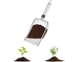 Tuinzeef met handvat - Grondzeef van roestvrij staal - aardezeef - Verschillende tuinzeven - Grove en fijne bodemzeef - Compostzeef - Zeefschep voor tuinen - voor aarde, stenen, compost, onkruid, zand, grind en zaaigoed - 28.8*10cm - Zilveren