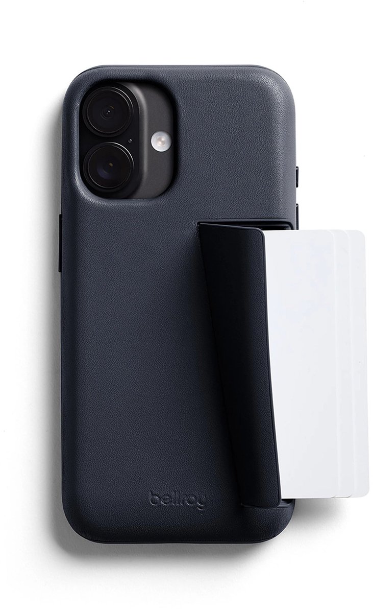 Bellroy 3 Card Portemonnee Hoesje iPhone 17 – Opslag voor 3 Kaarten – Functie als Telefoonstandaard – Reserve SIM-kaartsleuf - Blauw
