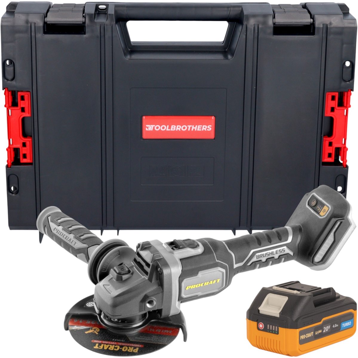 Procraft Industrial AG125Bbb accu haakse slijper 20 V 125 mm borstelloos + 1x accu 4,0 Ah + RHINO gereedschapskoffer - zonder oplader