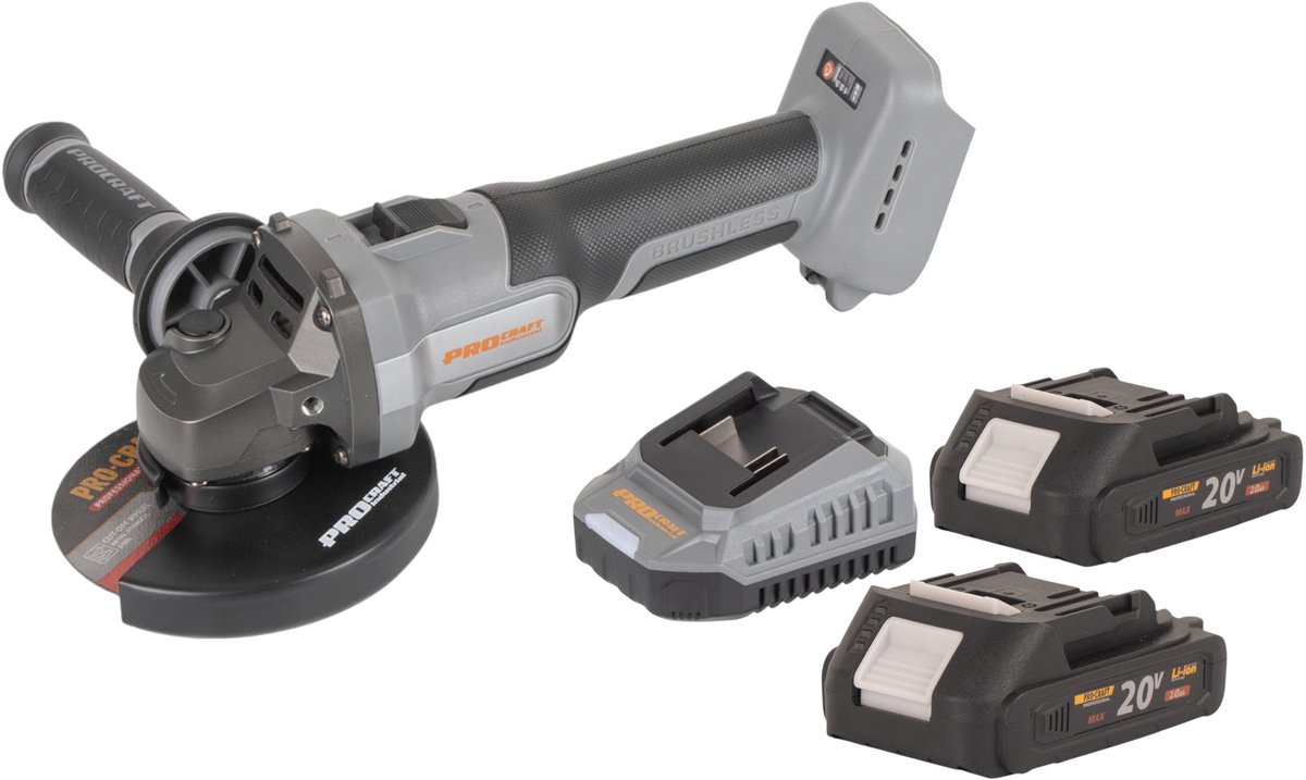 Procraft Industrial AG125Abb accu haakse slijper 20 V 125 mm borstelloos + 2x accu 2,0 Ah + oplader