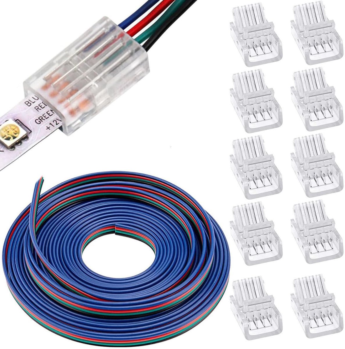 RUNCCI-YUN 5m 4 Pin LED Strip Extension Kabel + 10 Stuks LED Connectoren 10mm