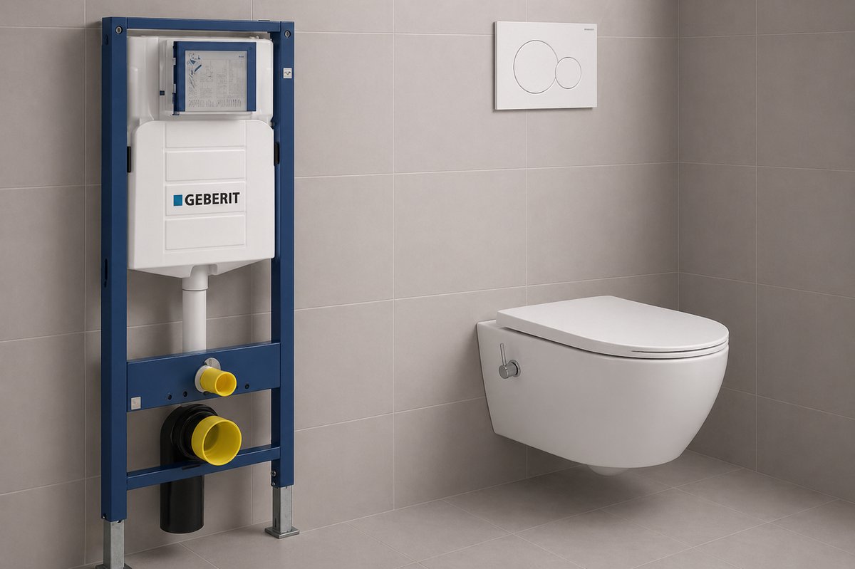 Exelvia Hangtoilet met Bidetfunctie – Incl. Softclose Slim WC Zitting – Geberit UP320 Inbouwreservoir + Sigma01 Drukplaat – Compleet Wandcloset Set
