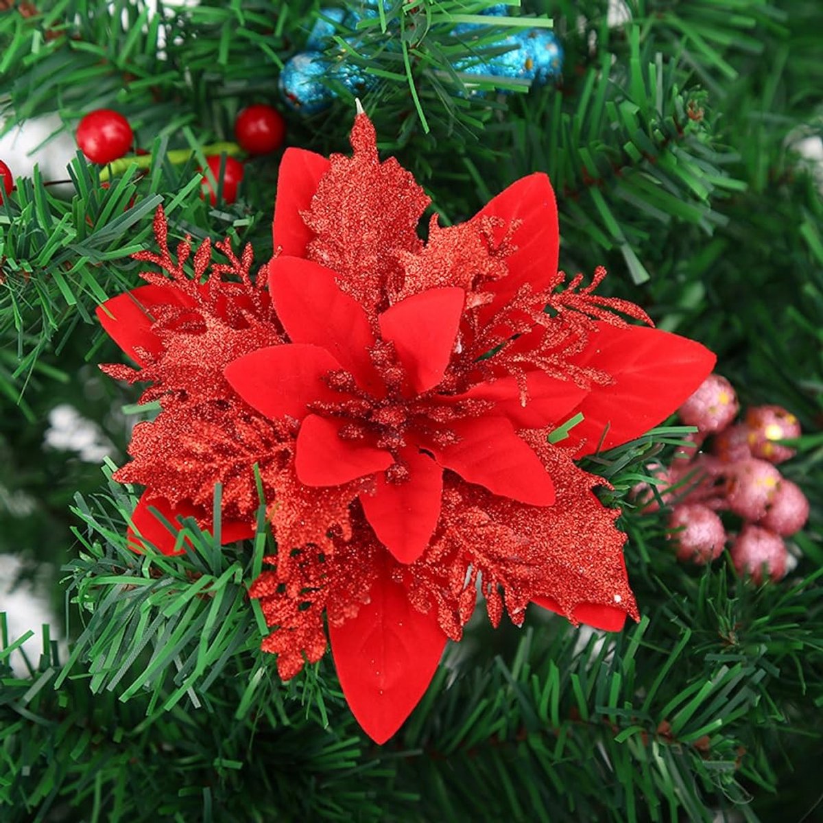 Allecto - Kerstster Bloemen - Glitter Decoratieve Kerstbloemen - Rode kleur - Voor Boom en Bruiloft - 30 Stuks - Feestdecoratie - Kerstversiering
