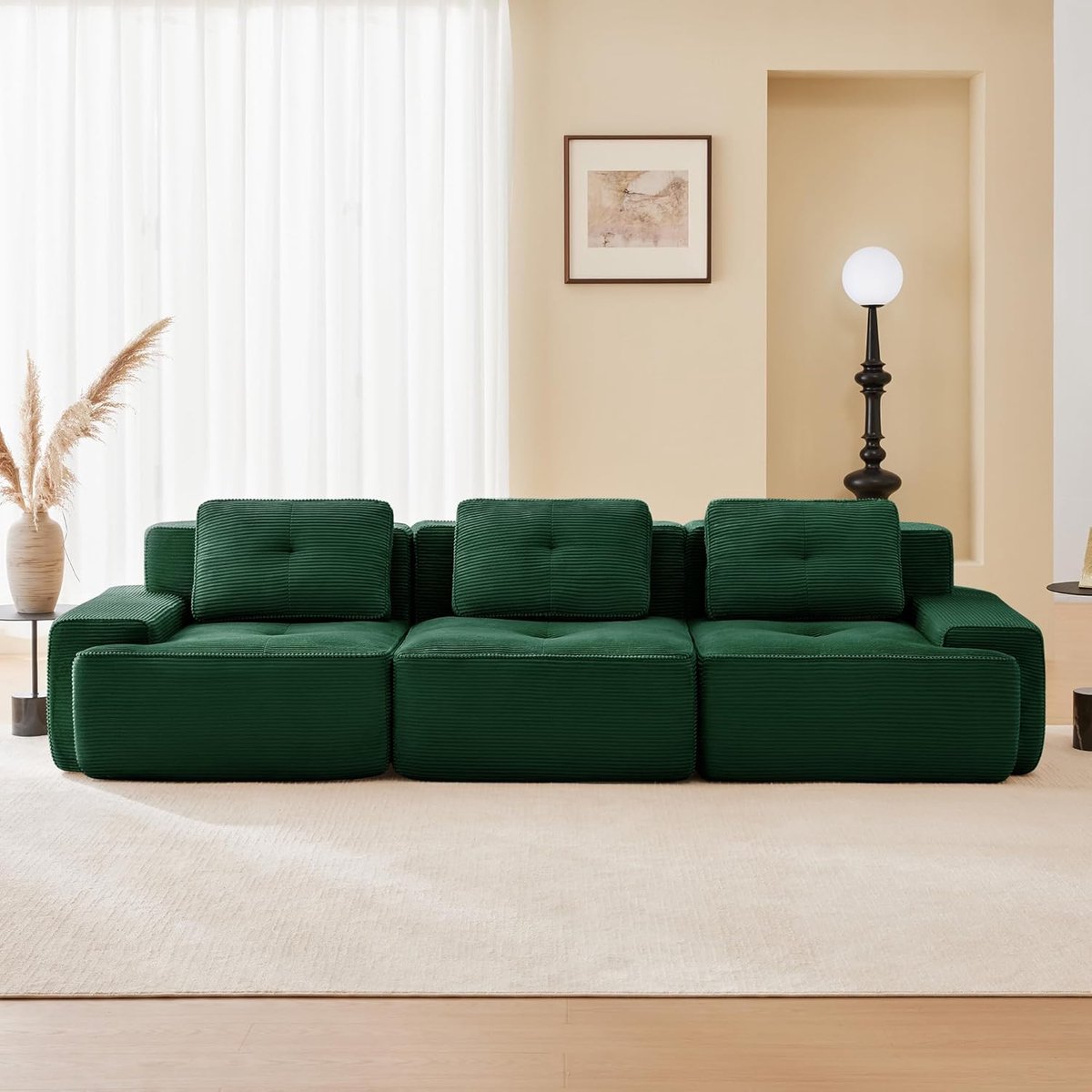 Modulaire 3-zits Slaapbank 293x104x69 cm – Boneless Cloud Sofa van Corduroy met Diepe Zit & Frameloos Design, Uitklapbare Loungebank L-/U-vorm, Montagevrij, Groen – HomebyNicole