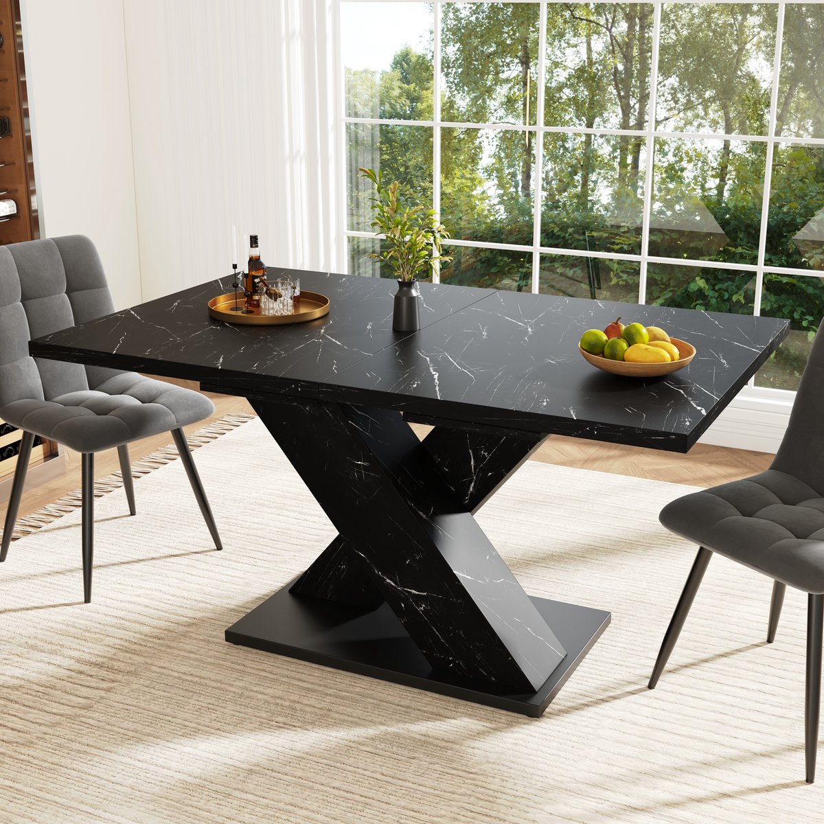 KOMHTOM Uitschuifbare eettafel zwart met marmerlook, moderne eettafel met X-design, uitschuifbare tafel voor 4-6 personen, stabiele metalen rail, voor keuken & eetkamer