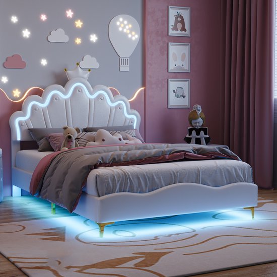 Gestoffeerd kinderbed 140x200 cm met LED - eenpersoonsbed voor meisjes, tienerbed met in hoogte verstelbaar hoofdeinde en lattenbodem, prinsessenbed PU Wit (zonder matras)
