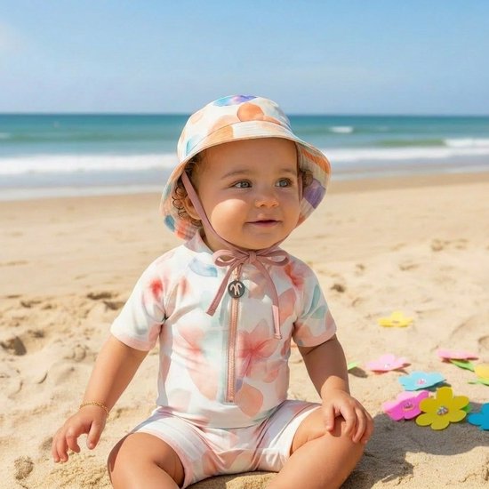 Baby meisje zittend op het strand met een hoed met bloemenprint en een zwempak met pastel bloemen.