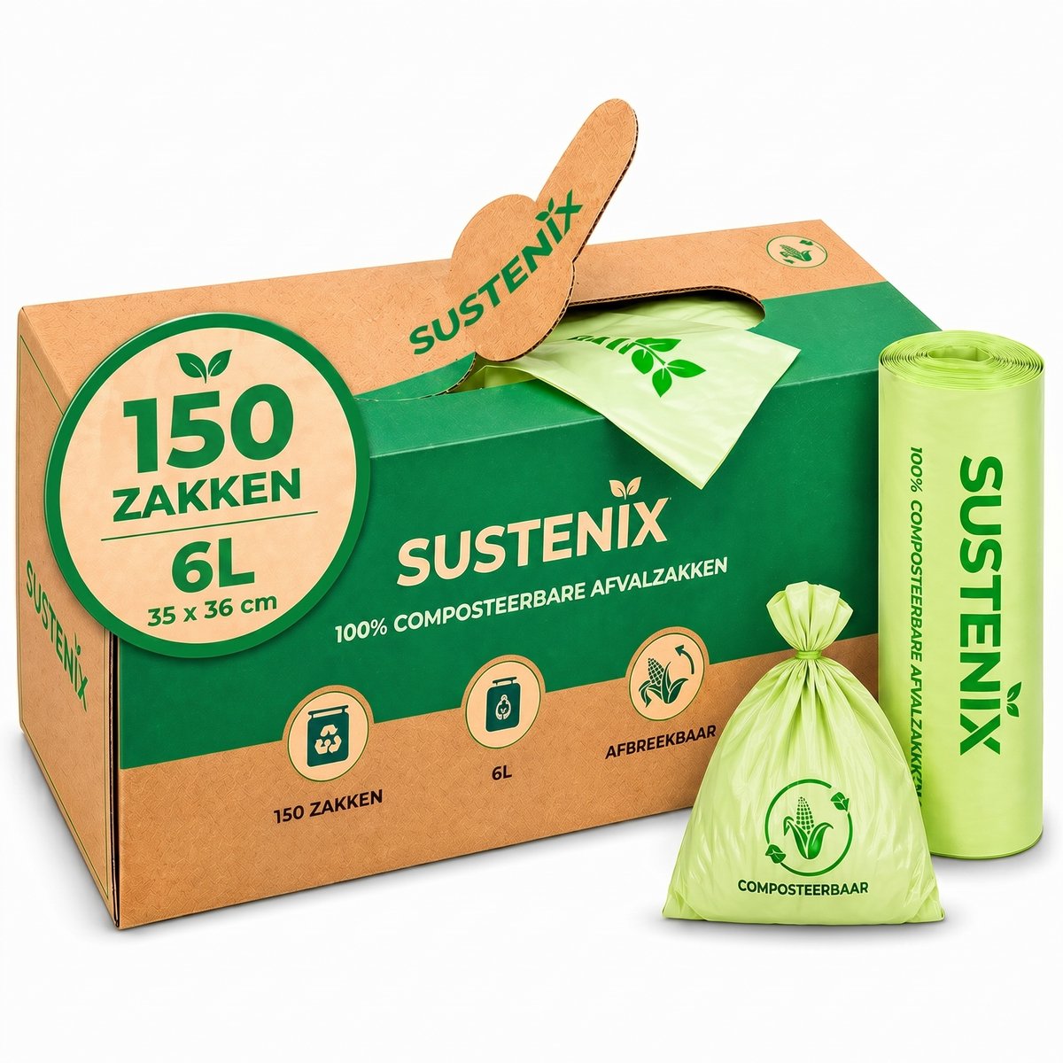 Biozakken – 6 liter – 150 Stuks – Sustenix – Incl. Dispenser - Composteerbare afvalzakjes – Biologisch Afbreekbare Afvalzakken – Vuilniszakken - GFT Afvalzakken – Afbreekbare Afvalzakken – Bio Afvalzakken - 35 x 36 cm