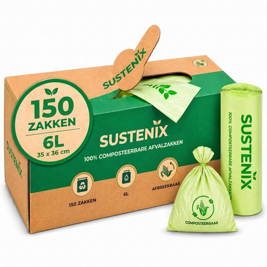 Sustenix biozakken 6 liter – 150 stuks – incl. dispenser