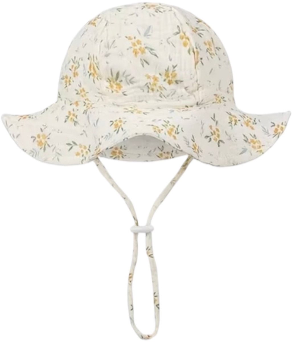 Zomerhoed baby - dreumes - meisje - jongen - zonnehoed - zomer - hydrofiele stof - katoen - beige met bloemetjes
