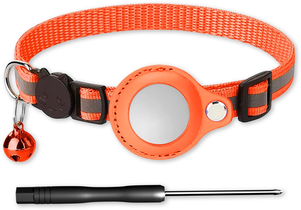 LUQ – Kattenhalsband Oranje met Airtag Houder – Reflecterend & Verstelbaar – Met Belletje – Premium Nylon