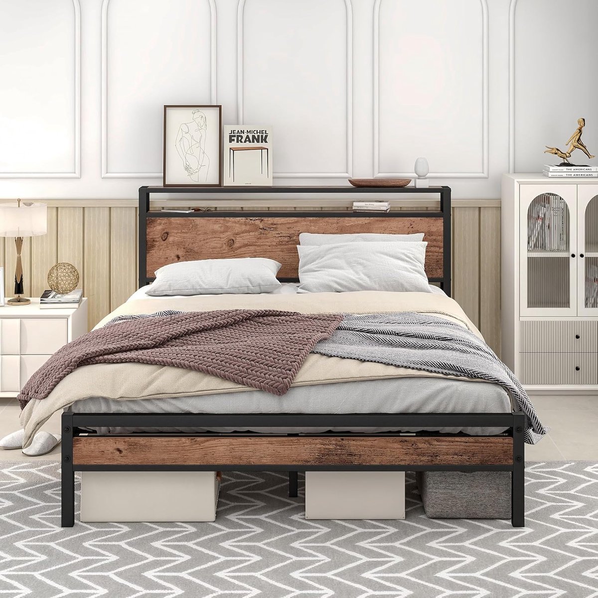 Metalen Bedframe 120x200 cm – Industrieel Tweepersoonsbed met Opbergruimte Hoofdbord & Lattenbodem – Stevig Stalen Bed zonder Boxspring – Modern Jeugd- & Kinder