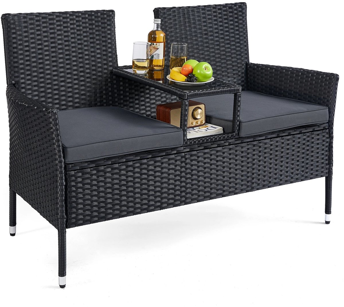 Sello! tuinbank met tafel – balkon – twee personen – polyrattan – stalen frame – D65 x B131 x H84 cm – zwart – donkergrijs.